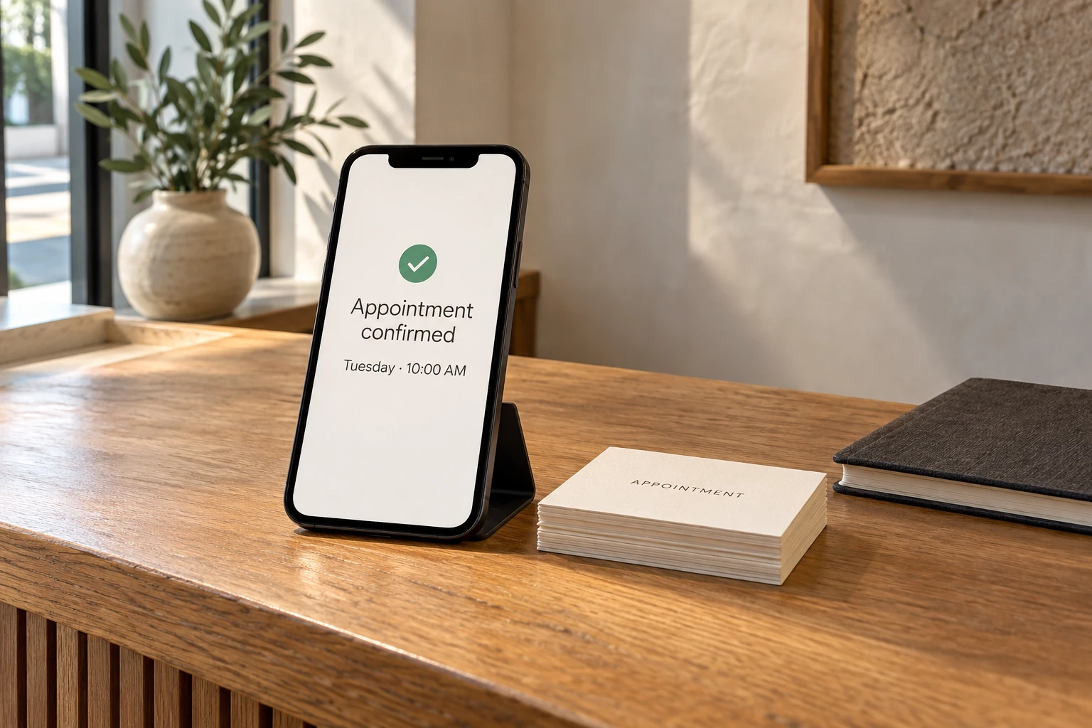 An appointment confirmation on a phone beside appointment cards at a reception desk