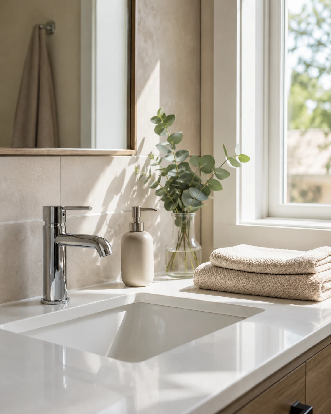 A refreshed bathroom detail with folded towels and soft natural light.
