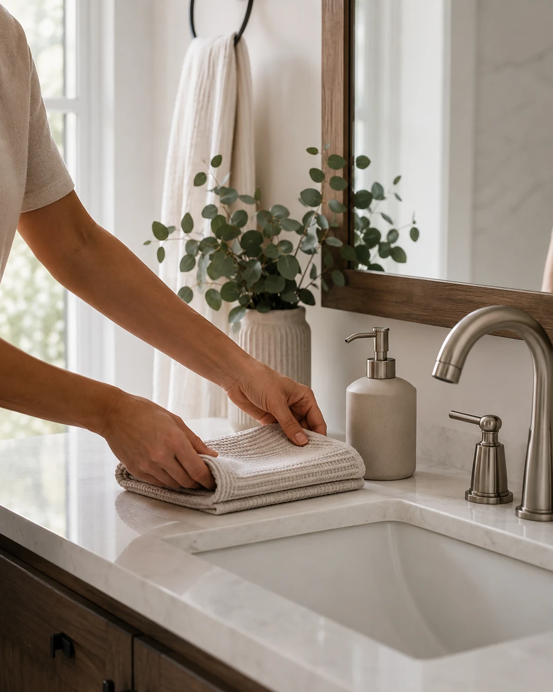A cleaner making a final thoughtful adjustment with folded towels beside a polished sink.
