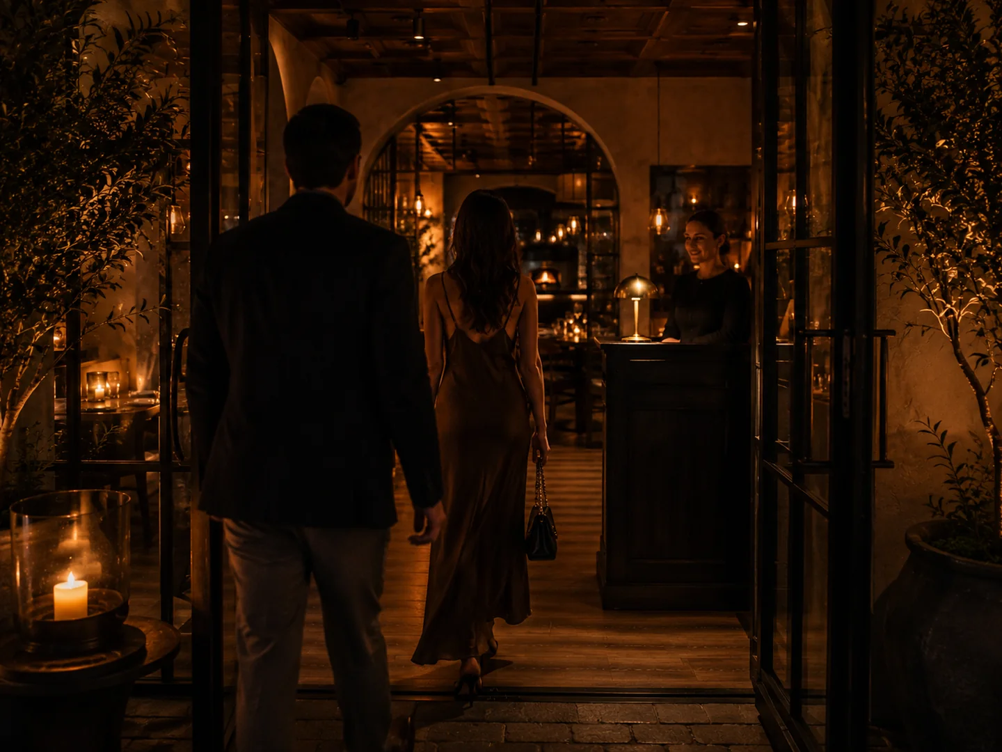 A couple arriving at Forno Nero's candlelit entrance as a host welcomes them inside