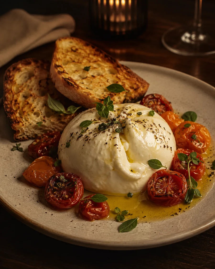 Beautifully plated burrata appetizer with tomatoes, olive oil, and charred bread