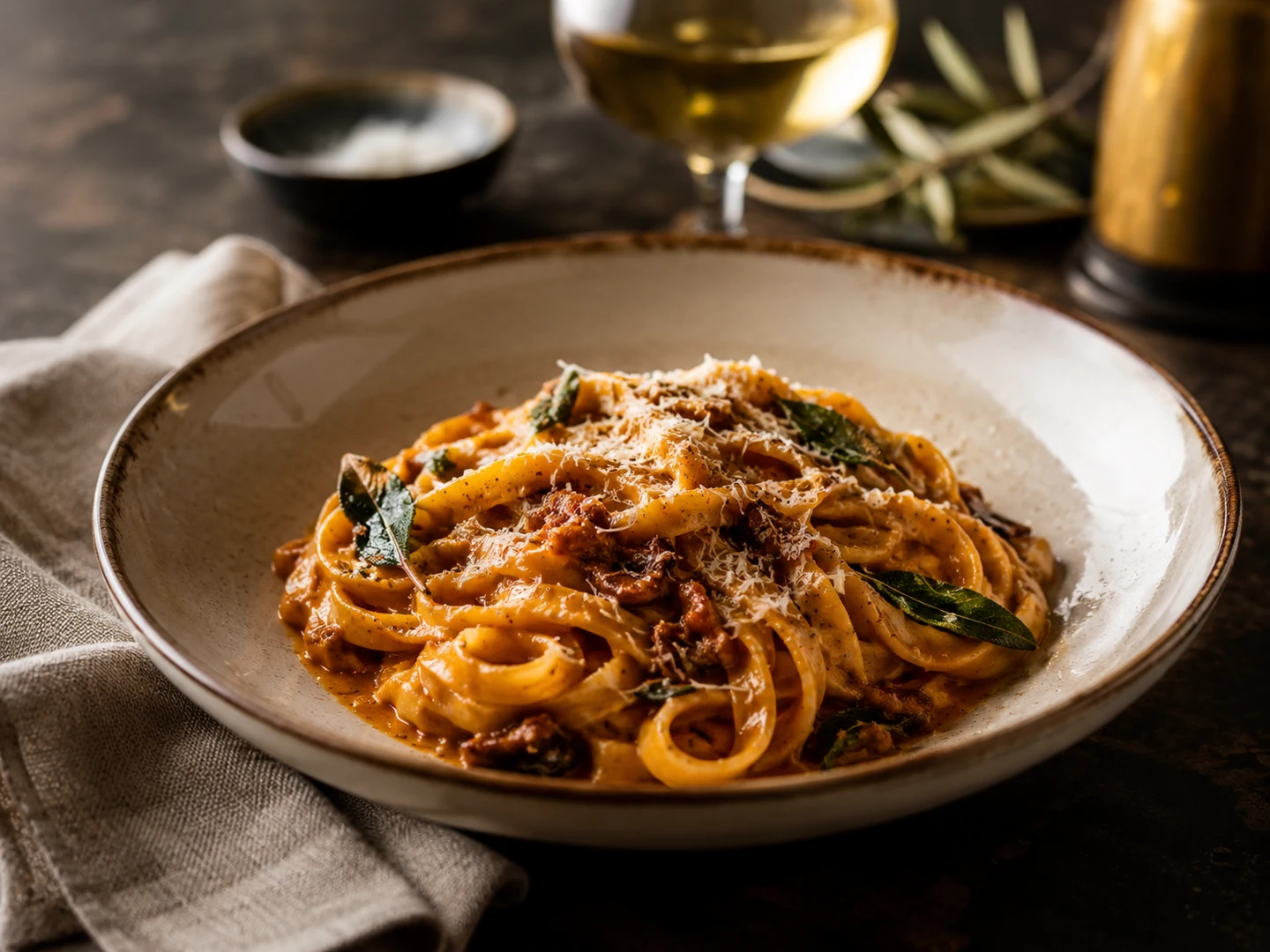 Restaurant-quality tagliatelle al ragù served in a shallow ceramic bowl beside white wine and linen