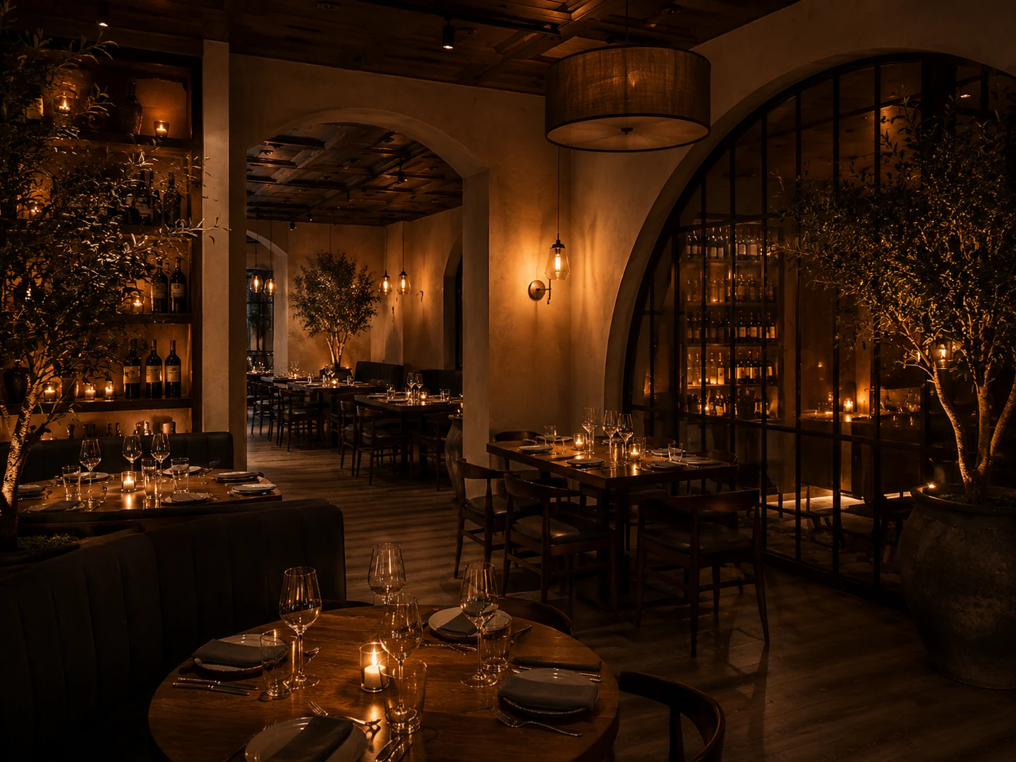 Intimate candlelit Forno Nero dining room with warm amber light, dark wood tables, and elegant place settings