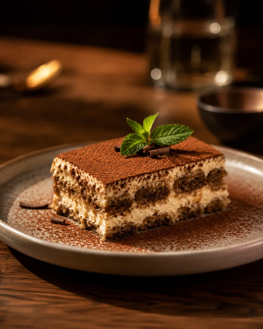 Elegant tiramisu dessert plated for the end of dinner