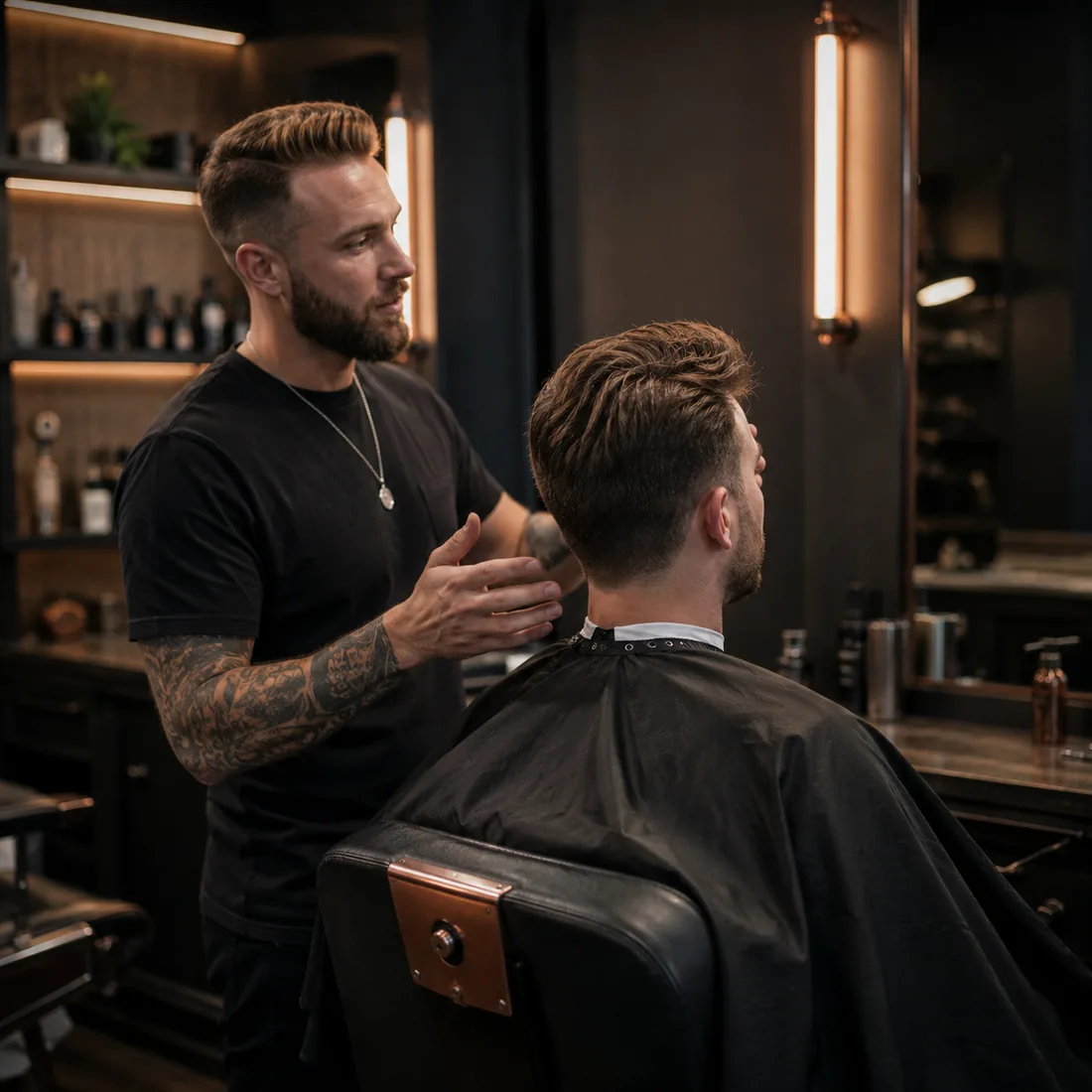 A Northline barber consulting with a seated client before beginning the haircut