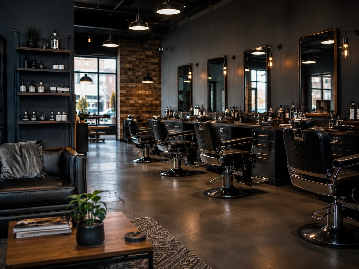The warm, modern interior of Northline Barber Co. with several clean barber stations