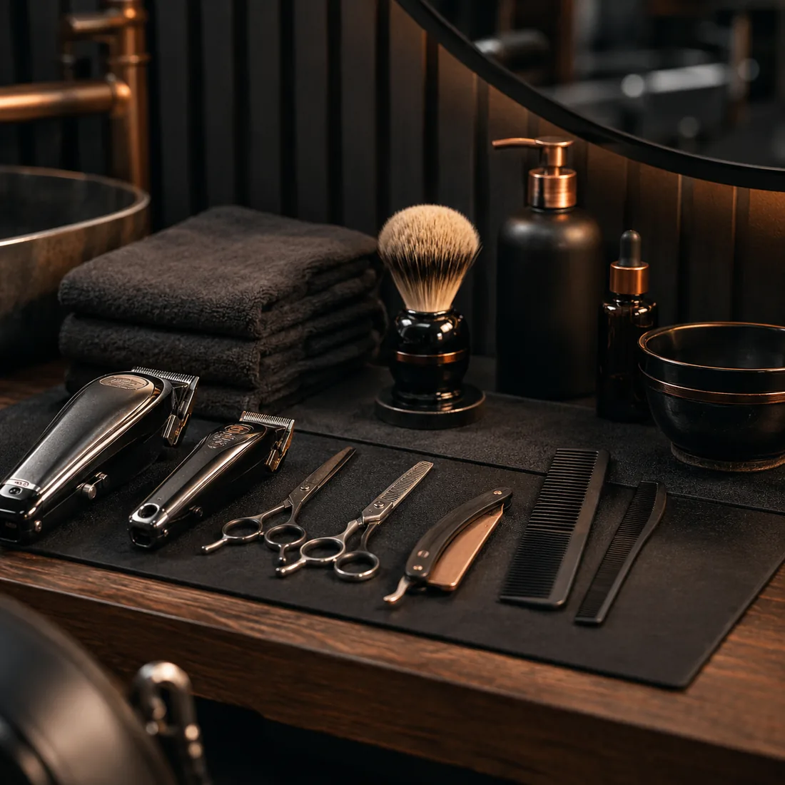 Professional clippers, scissors, combs, and grooming tools prepared at a Northline barber station