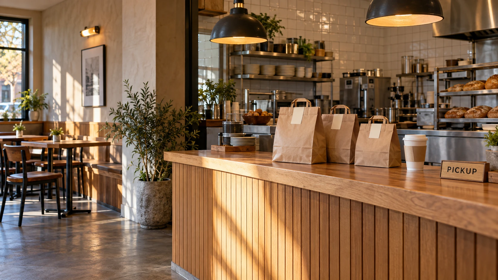 Takeaway orders ready on a neighborhood restaurant counter