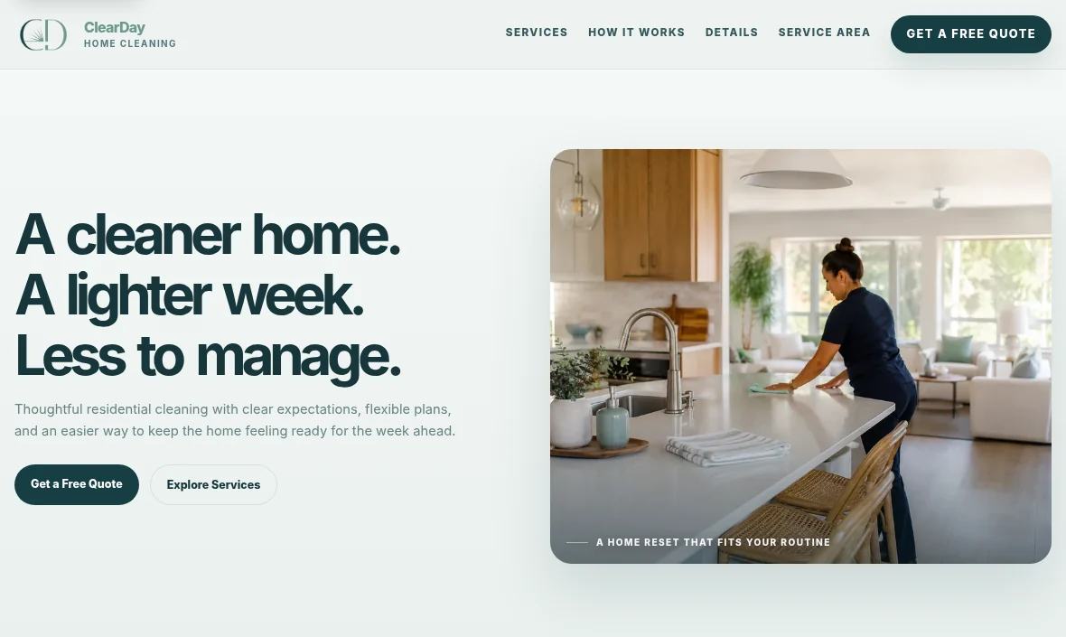 Screenshot of the current ClearDay Cleaning demo hero section