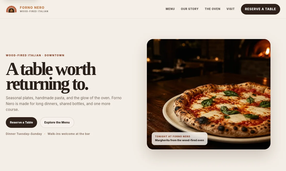 Screenshot of the current Forno Nero restaurant demo hero section