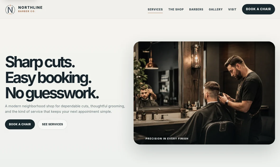 Screenshot of the current Northline Barber Co. demo hero section
