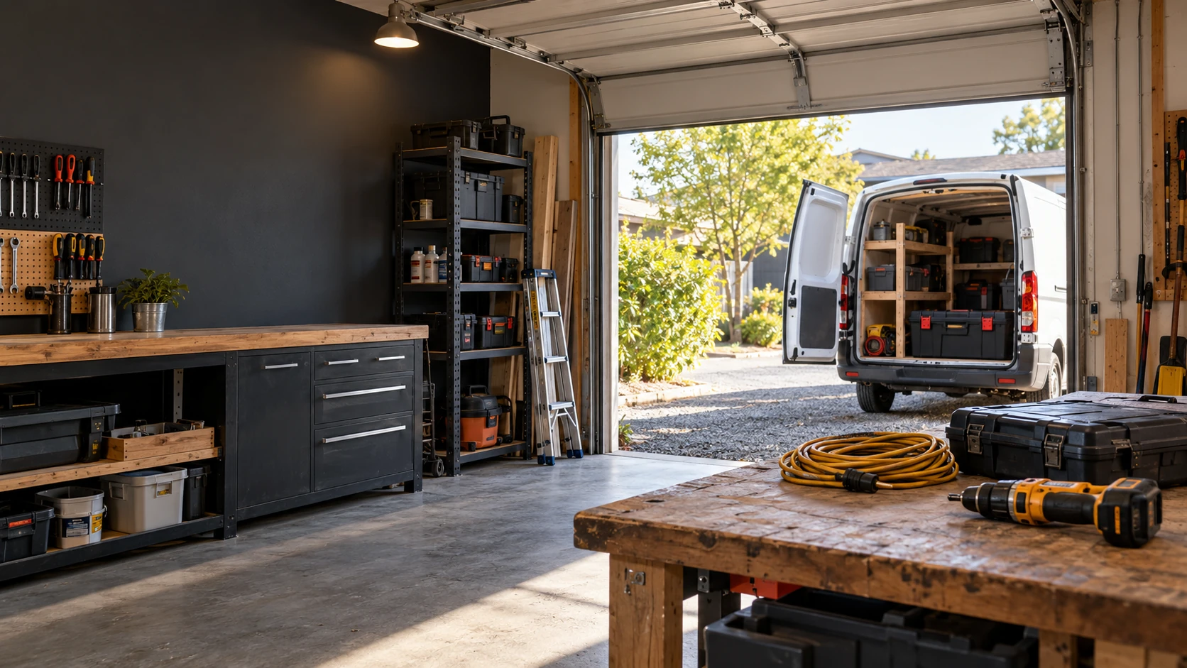 An organized service workshop and equipped van ready for the next job